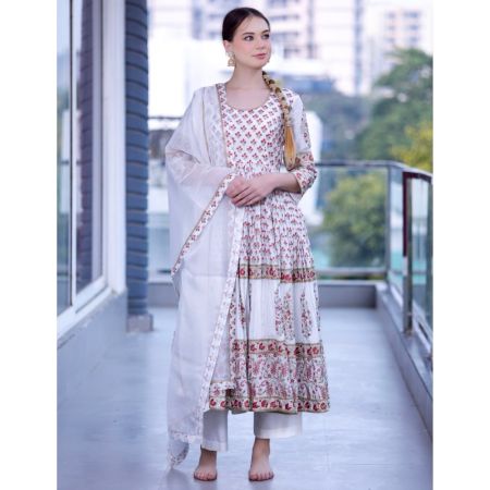 White Gathered Anarkali Set